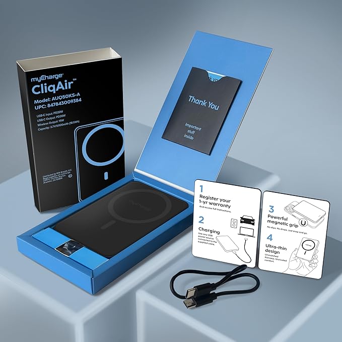 myCharge CliqAir 5000mAh Magnetic Power Bank – Ultra-Thin 0.3" Design | 15W Qi2 Fast Wireless Charging | 20W PD USB-C Port | Powerful Magnetic Hold | Perfect for Travel, Work, or Everyday Use | Black