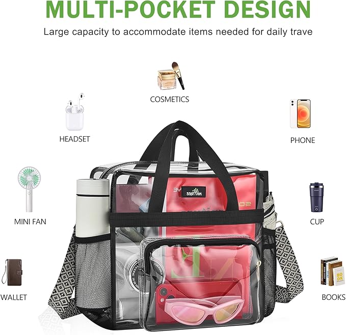 MAY TREE Clear Bag for Stadium Events, 12×6×12 Clear Tote Bag with Removable Strap, Transparent Bag for Concert Sports Gym, Wave-Strap