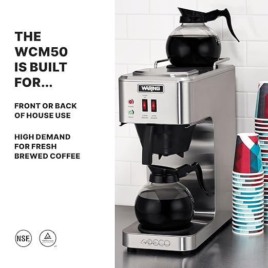 Waring WCM50 Café Deco Pour Over Decanter Coffee Brewer, Stainless Steel Construction, Two Individually Operated Warmers, No Plumbing Required, 120V, 5-15 Phase Plug,Silver