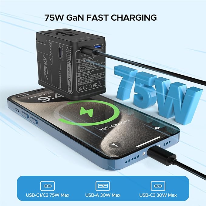 Universal Travel Adapter, 75W GaN International Power Adapter with 3 USB C and 1 USB A, All in One Travel Plug Adapter, Worldwide Outlet Wall Charger Converter for EU US UK AU 200+ Countries.