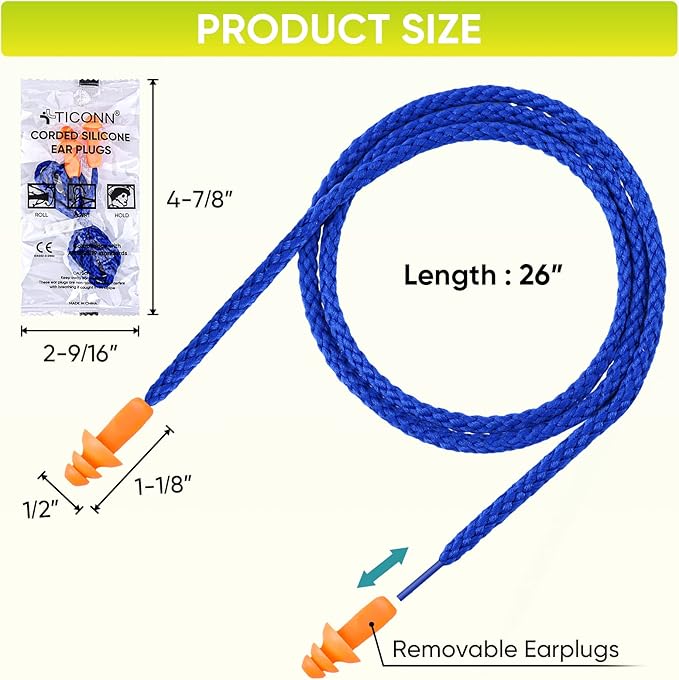 TICONN 12 Pairs Reusable Silicone Ear Plugs for Sleeping Noise Cancelling, Individually Wrapped 25dB NRR Corded Earplugs for Study Concentration Travel (12 Pairs)