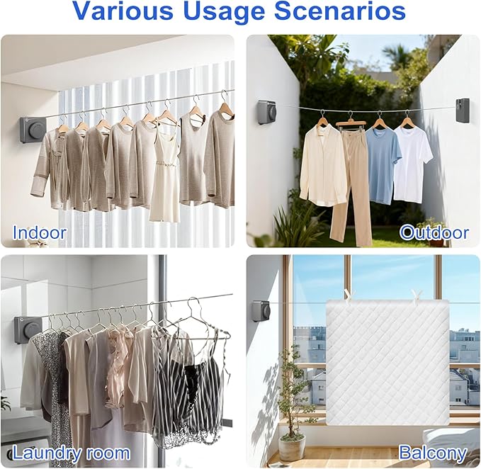 15.7Ft Retractable Clothesline Indoor Outdoor is Also an Anti-sag Clothes line for Indoors, Stainless Steel Wire Retractable Laundry Line for Drying Clothes, with 10 Windproof Clips (Gray)