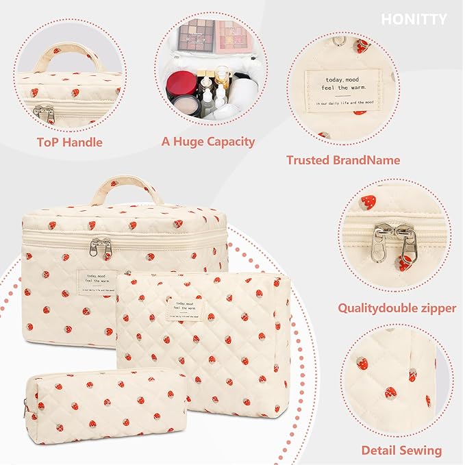 honitty Makeup Bag,Quilted Cosmetic Bags,Large Floral Make Up Organize bag,Makeup Bag Set for Women,Flower Travel Toiletry Bag