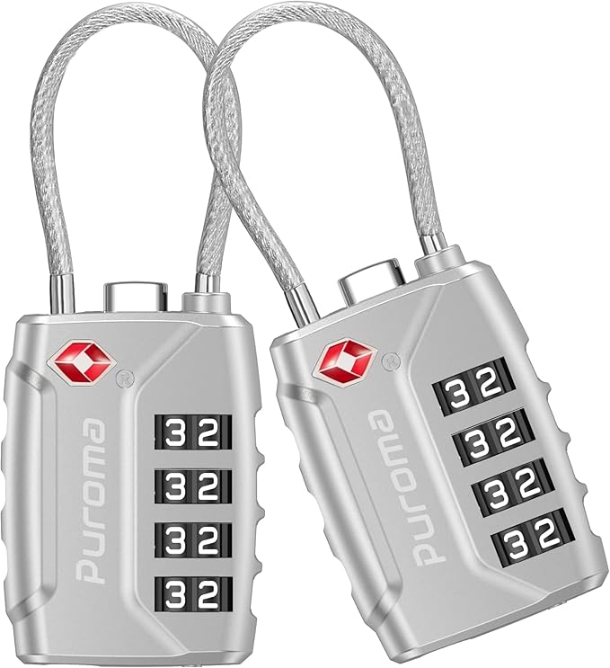 Puroma 2 Pack TSA Approved Luggage Lock, 4 Digit Combination Travel Cable Locks Resettable Code Lock with Zinc Alloy Body for Suitcase, Toolbox, Backpack, Bag, Gym Locker (Silver)