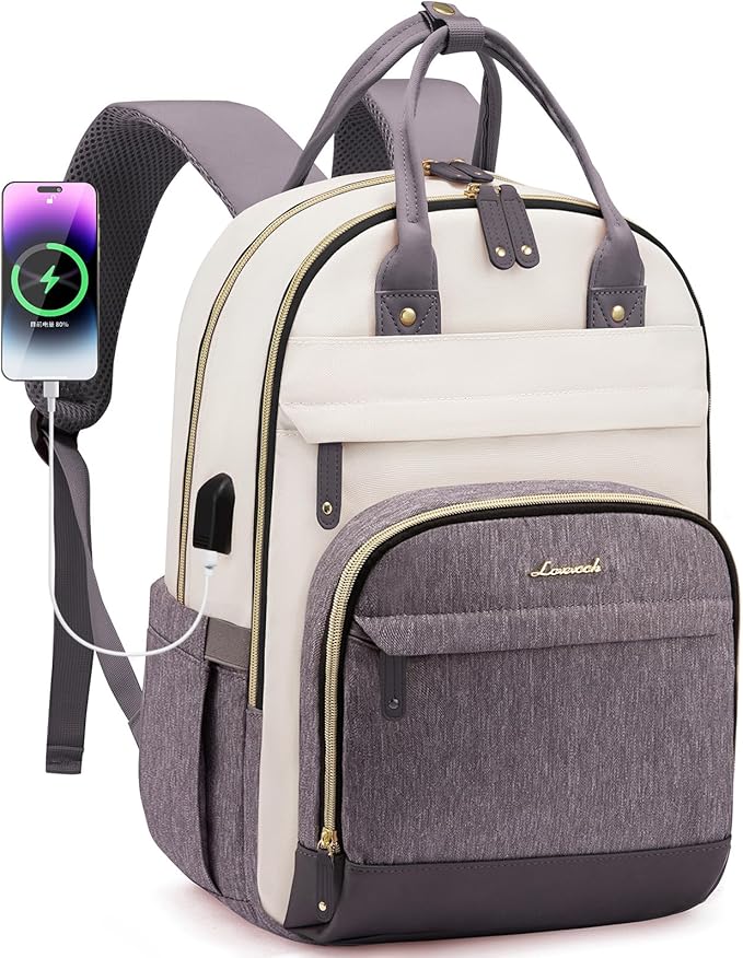 LOVEVOOK Backpack for Women,Laptop Backpack Women,Fits 15.6 Inch Laptop Bag,School Backpacks,Fashion Travel Work Anti-theft Bag,Waterproof Business Computer College Backpack Purse,Beige-Grey-Grey