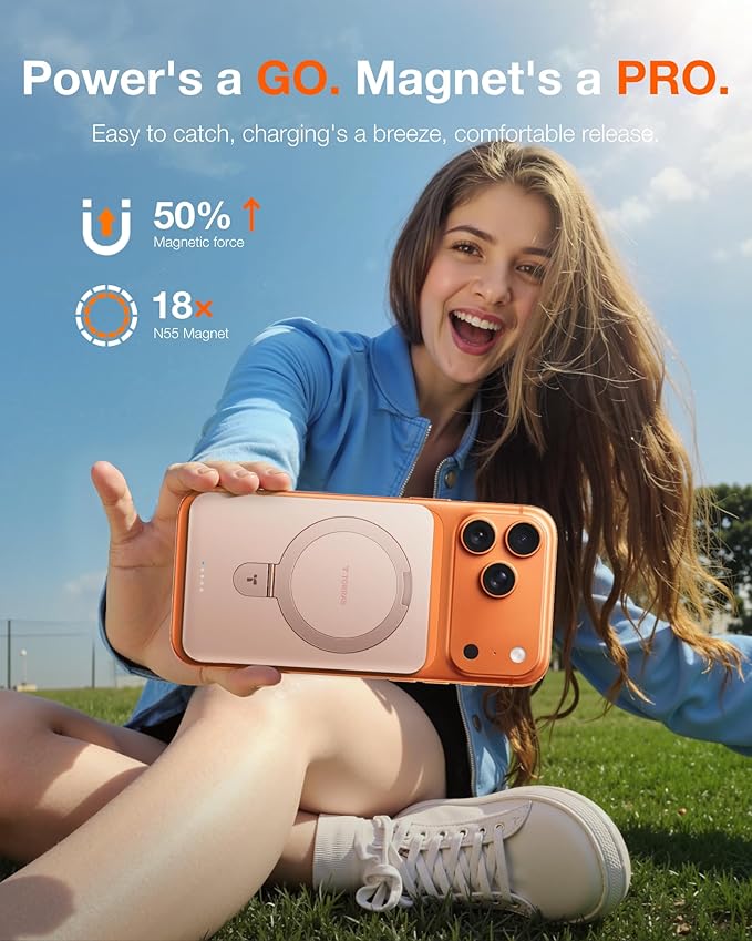 TORRAS EasyGo 0.45" Slim Magnetic Portable Charger Power Bank for iPhone, 5000mAh 22.5W Fast Charging Wireless Battery Pack Compatible with Magsafe, iPhone Air,Pro,Pro Max,17,16,15,14,13,12, Rose Gold