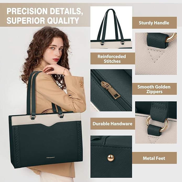 RAINSMORE Laptop Bag for Women 15.6 Inch Work Tote Bag with Detachable Strap & Bow Professional Laptop Tote with Cup Holder