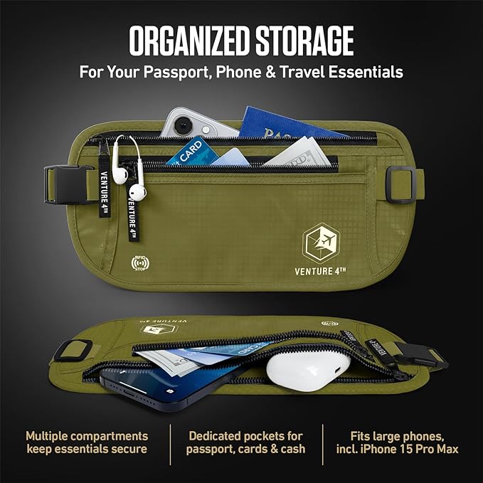 VENTURE 4TH Money Belt for Travel – Slim Hidden Under-Clothes RFID Blocking Anti-Theft Passport Holder & Travel Wallet Pouch for Men & Women to Protect Cash, Cards & Documents (Green)