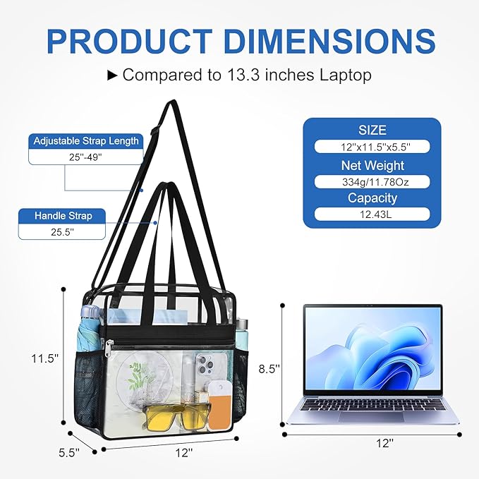 USPECLARE Clear Bag for Stadium Events,Transparent Bag for Work Sports Games Concerts Travel Gym
