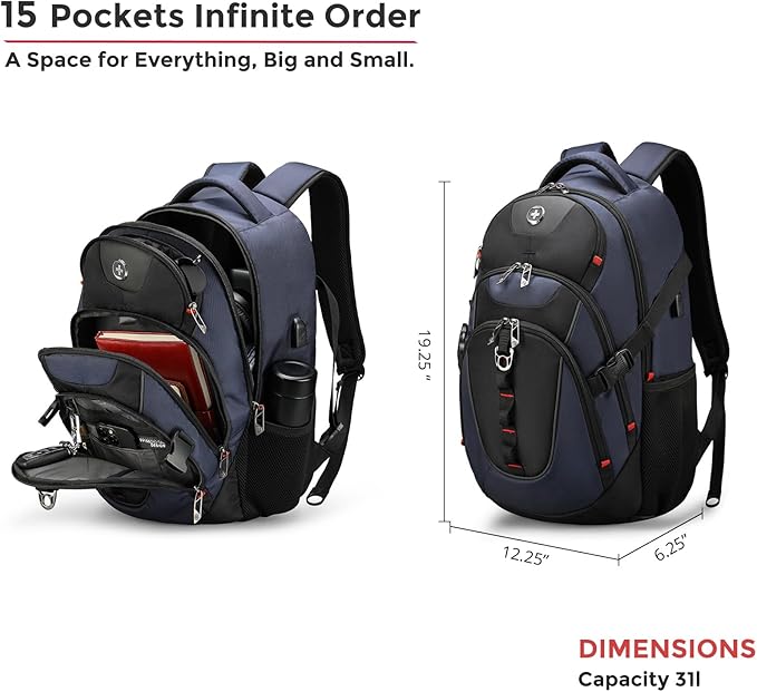 Swissdigital Design Laptop Backpack with USB Charging Port, Travel Backpack Fits 15.6 inches Computer, 31L College School Backpack for Men, Blue/Black | SD803-12
