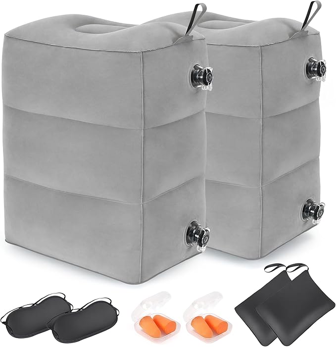 Inflatable Travel Foot Rest Pillow, Adjustable 3 Layers Height Leg Rest Pillow, Kids Airplane Bed, Adults Travel Essentials on Plane, Trains, Cars, Office, Home (Grey, 2 PC)