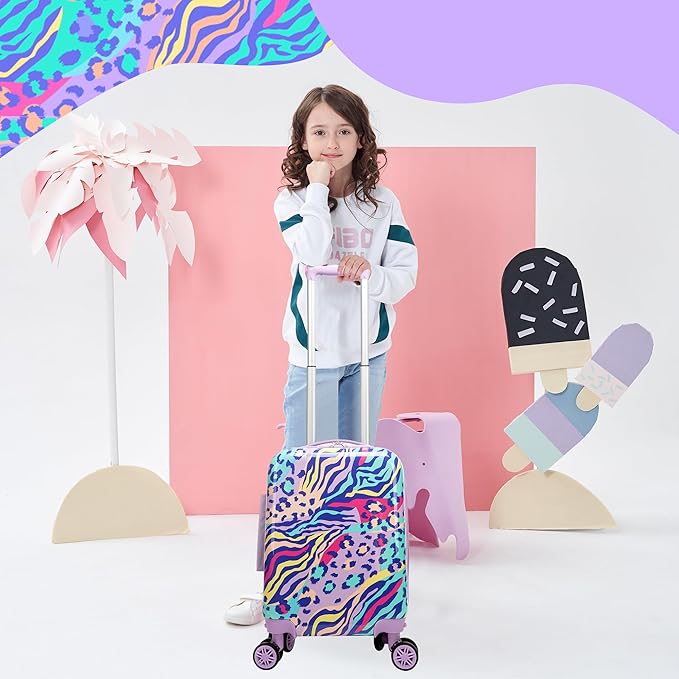 Kids Luggage with Spinner Wheels 5 Piece Carry on Suitcases for Girls Backpack with Lunch Box Pencil Case 16" Toddler Suitcase Set Airline Approved (Blue Purple Leopard)