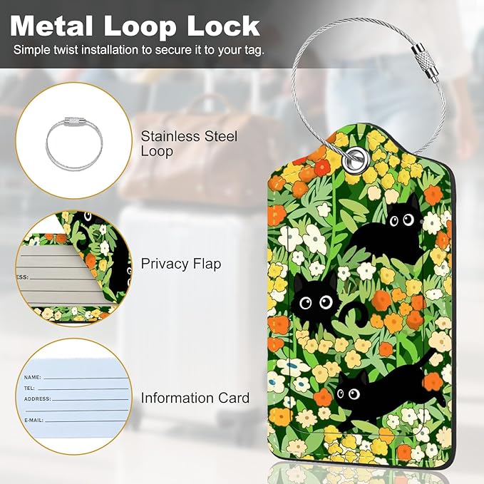 2Pack Luggage Tags for Suitcases, Cute Unique Pu Leather Cruise Luggage Tag with Privacy Cover ID Label Address Card and Metal Ring Suitable for Women Men Kids Travel Bag Flowers and Three Cats