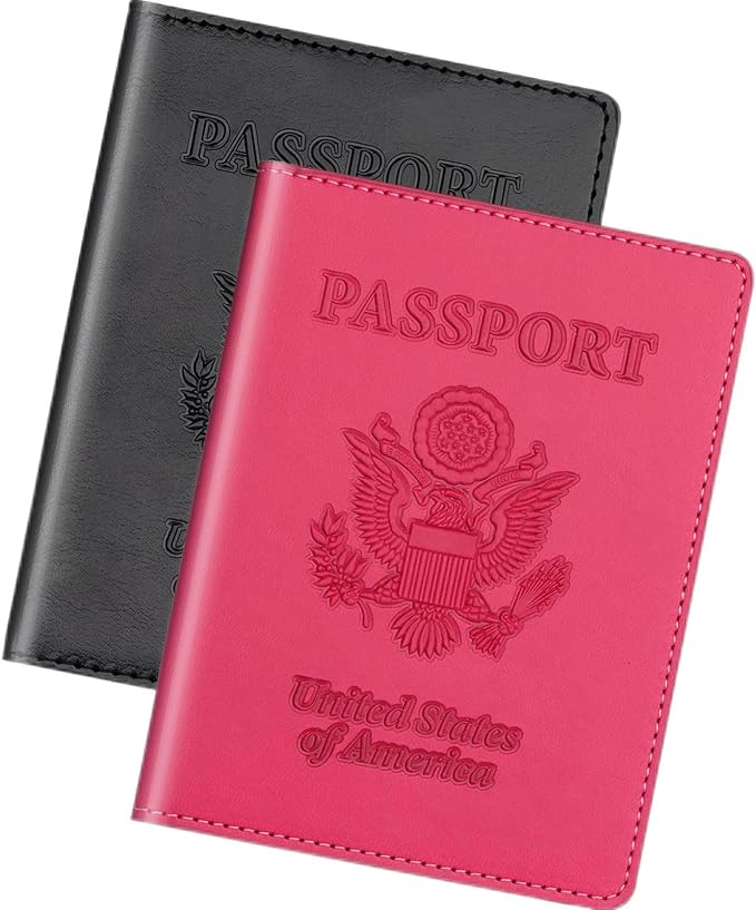 Passport Holder 2Pcs, Passport Cover Wallet Case for Women Men Family, Passports Book Holders Travel Must Haves Cruise Ship Essentials (Black & Rose Red)
