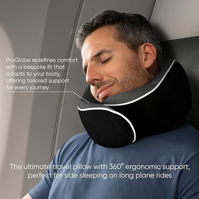 Proglobe Orthopedic Neck Pillow, Travel Neck Pillows for Airplanes, Memory Foam Kit, 360° Head Support, Airplane Pillow Set with 3D Contoured Eye Masks, Earplugs, and Luxury Mesh Bag (Black)