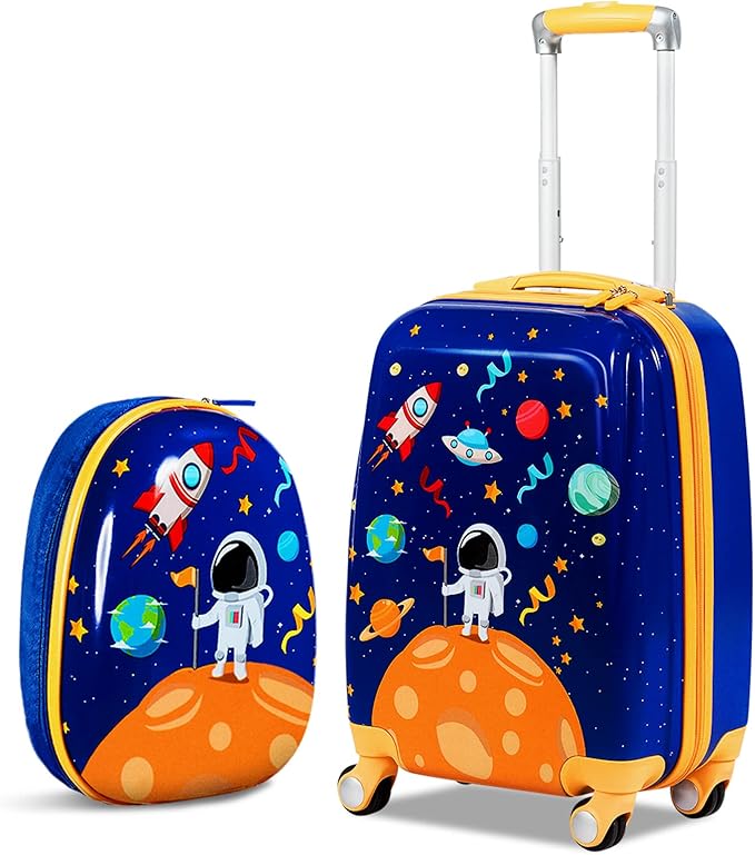BABY JOY 2 PC Kids Carry On Luggage Set, 18" Toddler Trolley Case & 12" Backpack with Hard Shell & Rolling Wheel Design, Kids Suitcase for Boys Girls (Astronaut)