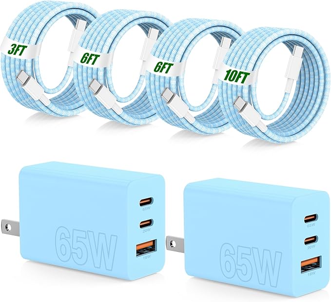 65W Super Fast Charging USB C for iPhone 17 16 Pro Max,3 Port 100W USB C Charger Block & 3/6/6/10FT Braided Type C Cord for iPhone 17 16 Pro,iPhone 15 Pro Max,for Samsung S26 Ultra/MacBook Air-Blue