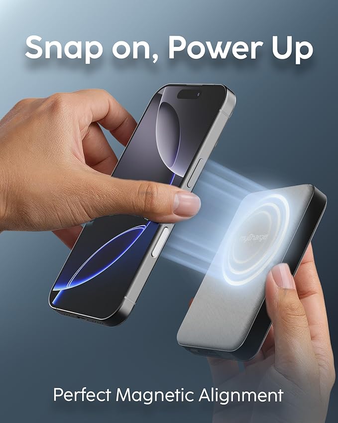myCharge CliqLuxe Magnetic Wireless Power Bank 10,000mAh | iPhone & MagSafe Compatible | Qi2.2 25W Mag Safe Portable Charger | Built-in Stand | 20W PD USB-C Port | Premium Grey Fabric