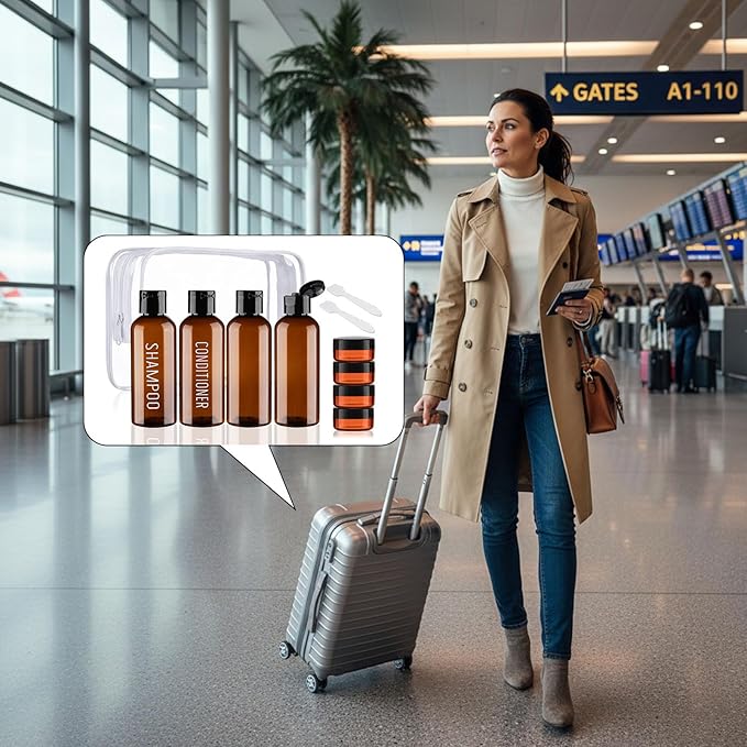 Travel Bottles for Toiletries 8 Pack 3.4oz TSA Approved Leak Proof Travel Size Containers Plastic 0.35oz Small Cream Jars Squeeze Empty Toiletry Bottles for Shampoo Conditioner Body Wash(Brown)