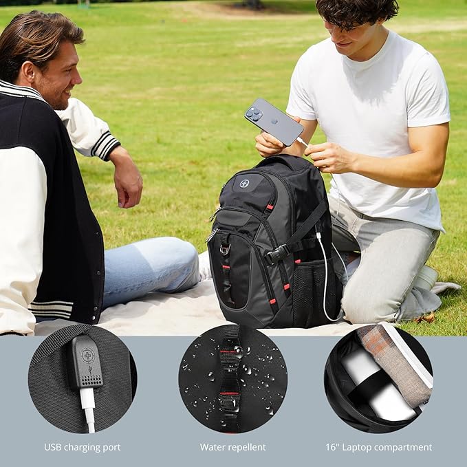 Swissdigital Design Laptop Backpack, Travel Backpack with USB Charging Port Fits 15.6 inches Computer, 31L College School Bookbag for Men, Black/Grey | SD803-02