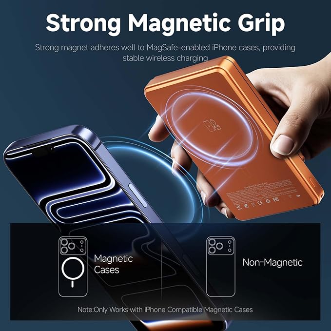 Qi2 Magnetic Portable Charger 10000mAh, 15W Wireless & 22.5W USB-C Fast Charger with Stand & LED Display, for iPhone 17/16/15/14,Orange