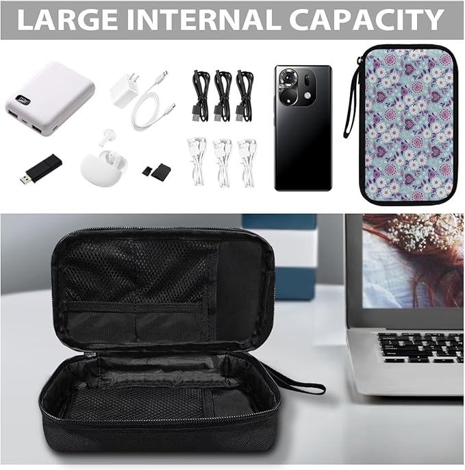White Flowers Travel Cord Organizer Case Cord Organizer Travel Large Storage Bag holds Phone Power Bank SD Card Tech Accessory Electronic Accessories Carry Case