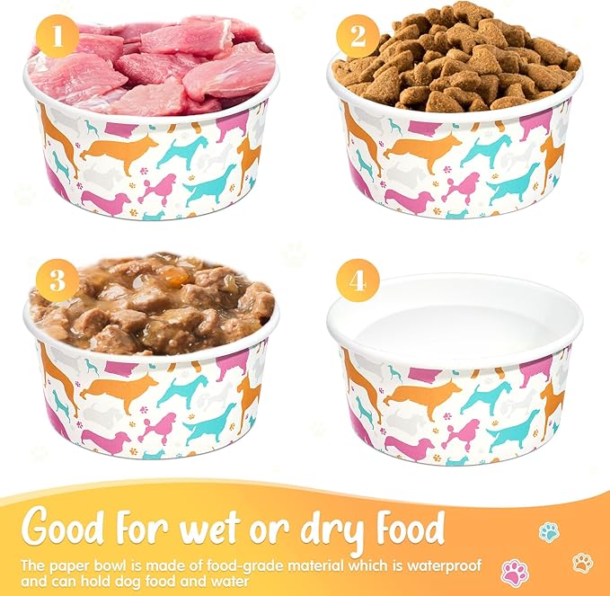 Mifoci 100 Pcs Disposable Dog Bowls 1.5 Cups Pets Disposable Feeding Bowls for Dogs and Cats Pets Paper Travel Cups for Small Medium Dogs Cats Puppy Kitten Dry or Wet Serving Food Water (Classic)