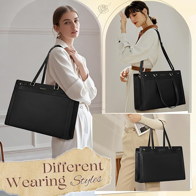 RAINSMORE Laptop Bag for Women 15.6 Inch PU Vegan Leather Work Tote Bag Waterproof Womens Briefcase Designer Computer Bags for Office Teacher College Travel Large Tote Purse Professional Black