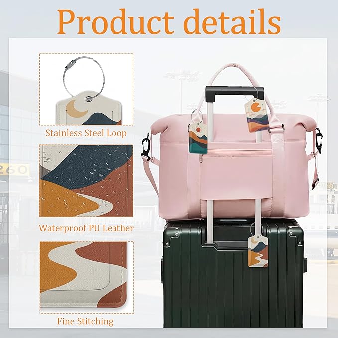 Boho Sun Mountain 3 Pack Luggage Tag for Suitcase, Leather Bag Tags with Privacy Cover ID Label and Durable Steel Loop for Cruise Airport Travel