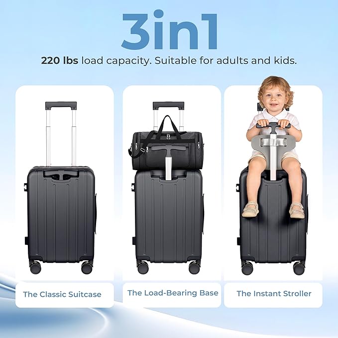 20" Ride-On Luggage with Child Seat, Hardside Carry-On Suitcase with 360° Silent Spinner Wheels, TSA Lock, & Dual Telescoping Handles for Kids & Adults & Busy Moms