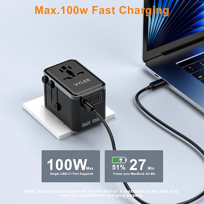 VYLEE Universal Travel Adapter, PD100W GaN International Power Adapter with 3 USB C and 1 USB A Charging Ports, All in One Power Outlet, Worldwide Plug Adapter for US to European UK AUS Ireland(Black)