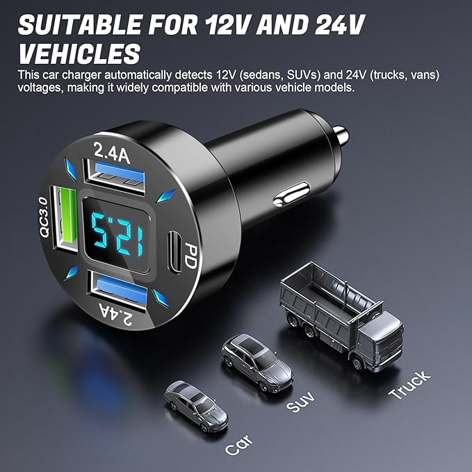 LivTee 4-Port Car Charger, 12-24V Cigarette Lighter Adapter with 3 USB & 1 USB-C Port, Supports QC/PD Fast Charging, Features Digital Display and LED Lights, Fits iPhone, Fits Samsung and More Phones