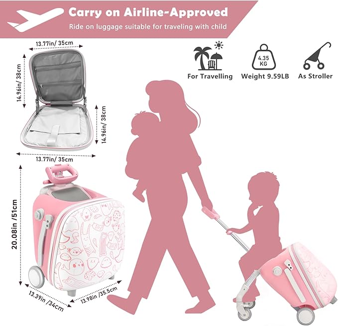 Kids Ride-on Luggage with Seat, 20 inch Carry On Suitcase, 2-in-1 Children's Luggage with Shockproof Silent Wheels and Guardrail for Airplane & Travels