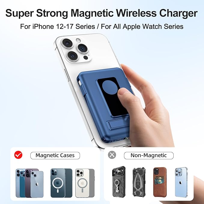 for Magsafe Battery Pack, 10000mAh Power Bank for iPhone with Built-in Cables, 20W Fast Charging Magnetic Wireless Portable Charger with Stand for iPhone 17/16/15/14/13/12/Apple Watch Series
