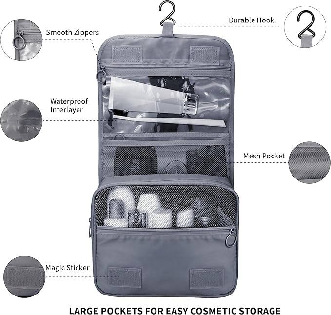 Lcsmaokin Large Capacity Toiletry Bag Travel Bag with Hanging Hook for Men and Women Waterproof Travel Cosmetic Bag Bathroom Storage Bag for Brushes Set,Mens Bathroom Bag Accessories-Grey