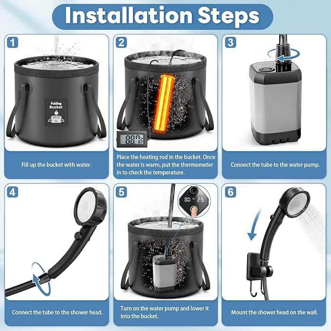 Portable Shower with Heater 6000mAh Rechargeable Camping Shower with LED Display, 3 Spray Modes, IPX7 Waterproof Shower Pump Foldable Bucket Outdoor Showering for Hiking RV Car Travel Pet