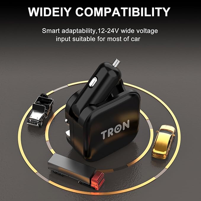 TRON Wall & Car Charger Travel Charging Station, 36W Dual USB-C & USB-A Fast Charger, Foldable for iPhone, iPad, Android, Earbuds – TR17