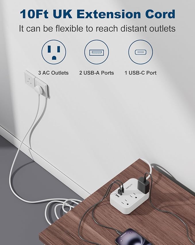 10FT Extension Cord with UK Plug Adapter, US to UK Plug Adapter with 3 Outlets 3 USB Charging Ports (USB-C), Type G Travel Adapter for USA to Scotland British London England Irish Dubai