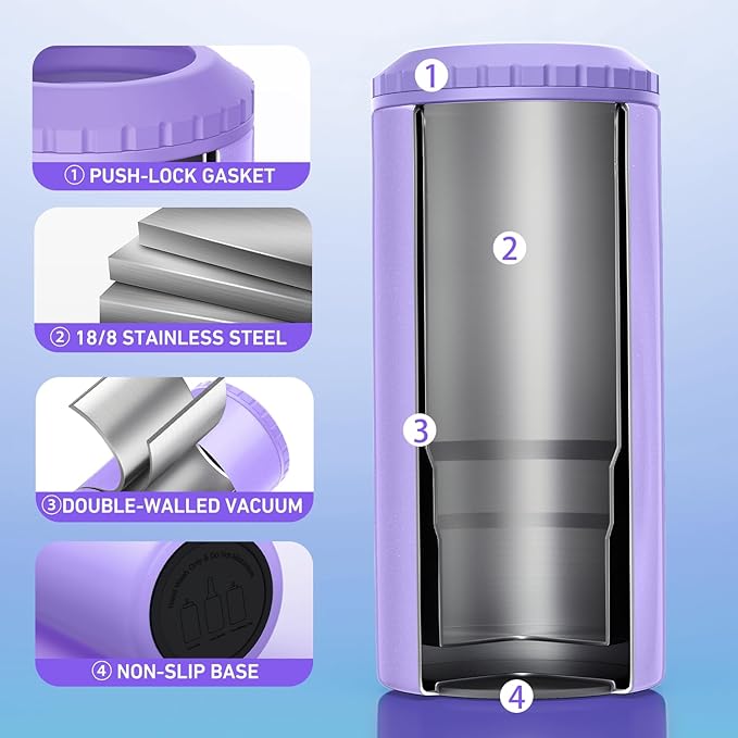 3 in 1 Slim Can Cooler for 12 OZ Skinny Can, Regular Can & Beer Bottle - Keep Cold for 6 Hours - Double Walled Insulated Stainless Steel Vacuum Beverage Can Insulator (Lavender Purple)