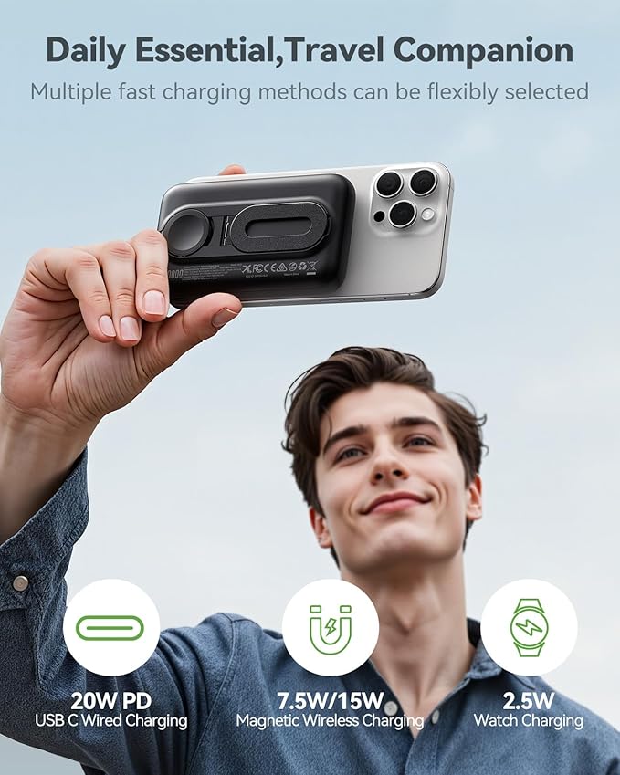 Magnetic Portable Charger for iPhone and Apple Watch, 10000mAh Wireless Power Bank PD 20W USB-C Fast Charging Battery Pack with Stand for iPhone Air 17/16/15/14/13/12 Pro Max、iWatch 11-1/SE/Ultra 3-1