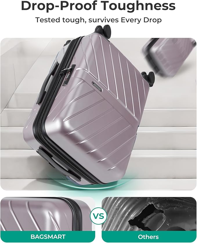 BAGSMART Carry on Luggage 22x14x9 Airline Approved with TSA Lock, 100% Polycarbonate Hardside Suitcase with Spinner Wheels, Rose Purple