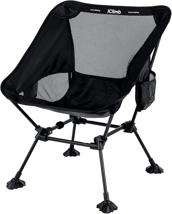 iClimb Ultralight Compact Camping Folding Beach Chair with Anti-Sinking Large Feet and Back Support Webbing (Black - Square Frame - 2PC)