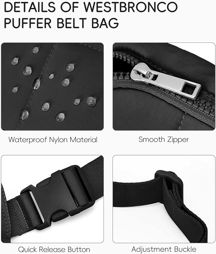 WESTBRONCO Puffer Fanny Packs for Women Quilted Nylon Waterproof Belt Bag with 2 Zipper, Puffy Crossbody Bag with Adjustable Strap, 1L Waist Bag for Travel Daily