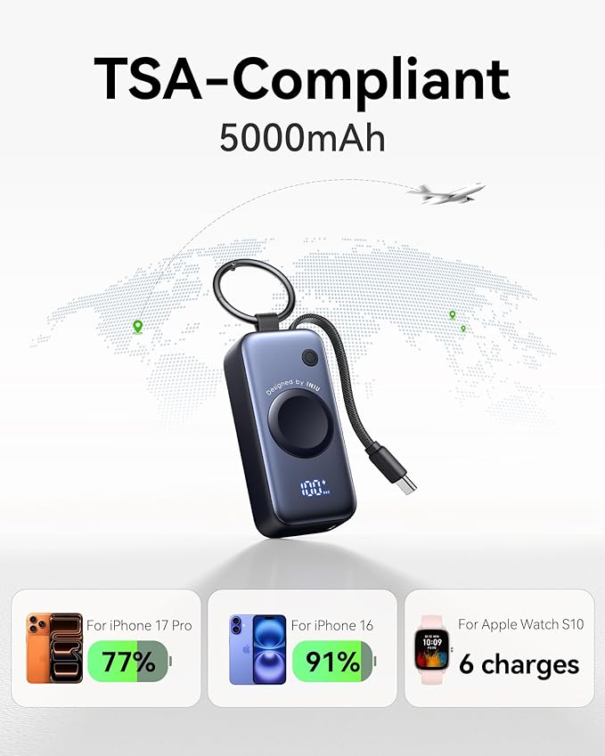 INIU 3-in-1 Portable Charger, 5000mAh Power Bank with Watch Charger & Built-in Cable, Compact 20W Fast Charging Battery Pack, Key Chain & Travel Essential for iPhone 16 15, Apple Watch, etc