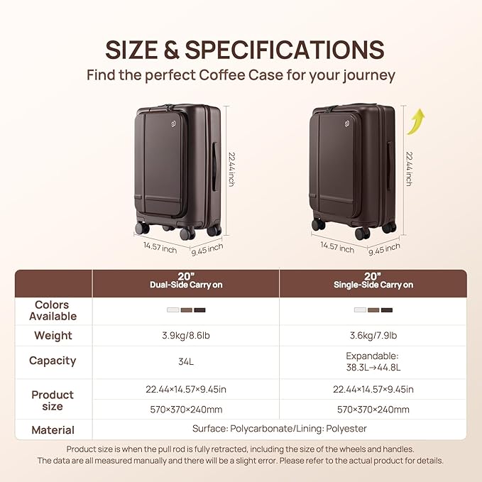 NINETYGO Carry On Luggage 22x14x9 Airline Approved, 20 Inch Suitcase with Front Compartment, Coffee-Infused PC Hard Shell, Eco-Friendly, Cup Holder, Clamshell, TSA Lock, Spinner Wheels (Latte)