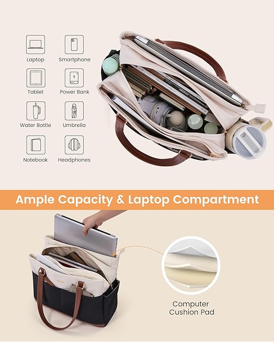 LOVEVOOK Laptop Tote Bag for Women with 3 Separate Pocket Work Bag with Large Cup Holder Computer Briefcase for Teacher Nurse
