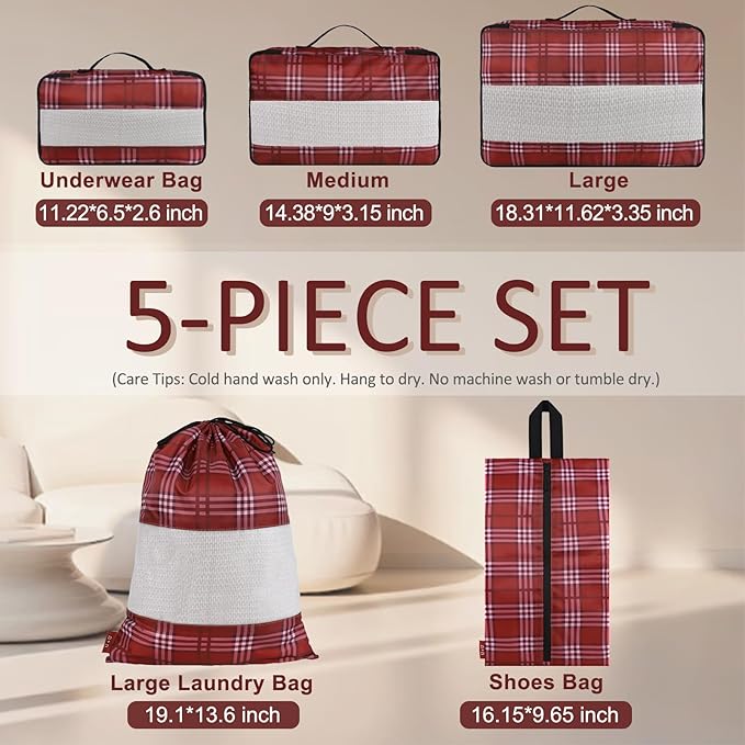 U+U 5 Set Packing Cubes for Travel Essentials Ultralight Luggage Packing Organizers with Laundry Bag and Shoe Bag for Vacation, Business Trip and Camping (Burgundy Checkered)