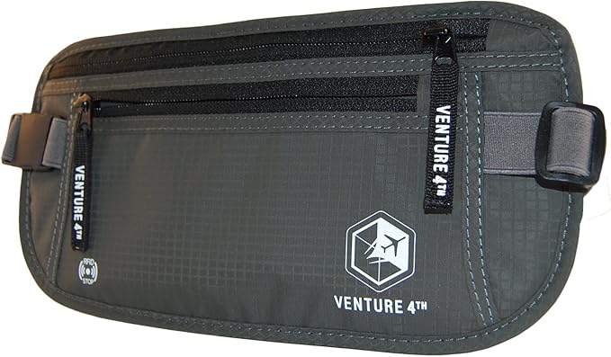 VENTURE 4TH RFID Money Belt for Travel with RFID Blocking Sleeves – Slim Hidden Travel Wallet & Passport Holder for Men & Women, Lightweight Anti-Theft Pouch to Protect Cash, Cards & Documents - Gray