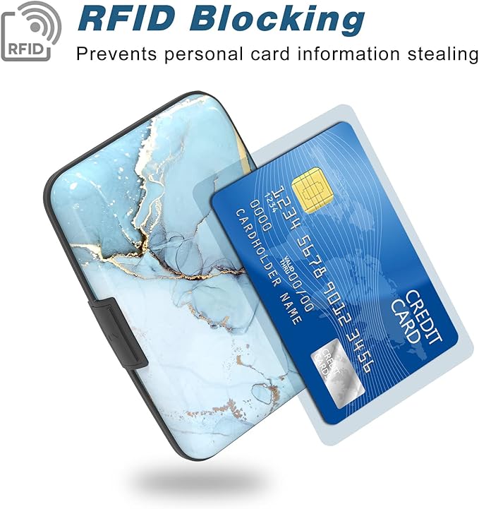 Credit Card Holder, Mini Aluminum Card Wallet RFID Blocking Slim Metal Hard Card Case for Women Men, Blue Marble