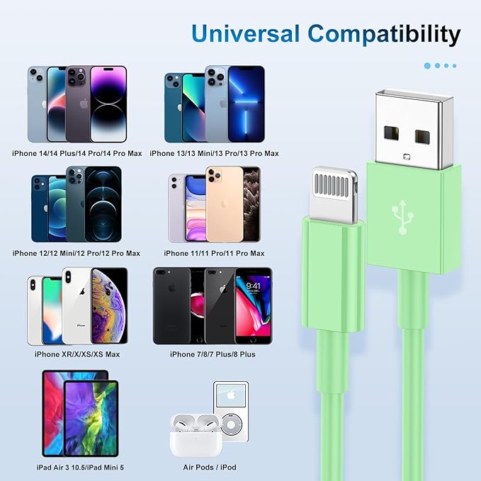 3 Pack Apple MFi Certified Charger Cable 10 Ft, Lightning to USB Cable Cord 10 Foot, 2.4A Fast Charging,Apple Phone 10 Feet Long Chargers for iPhone 14/13/12/11/X/XS/XR/SE/8/7 Plus Pro Max Mini Green